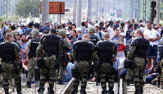 Macedonia border control at rail tracks between Greece and Macedonia border