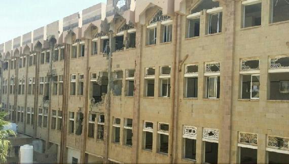 Exterior damage from shelling to a building in Taiz University